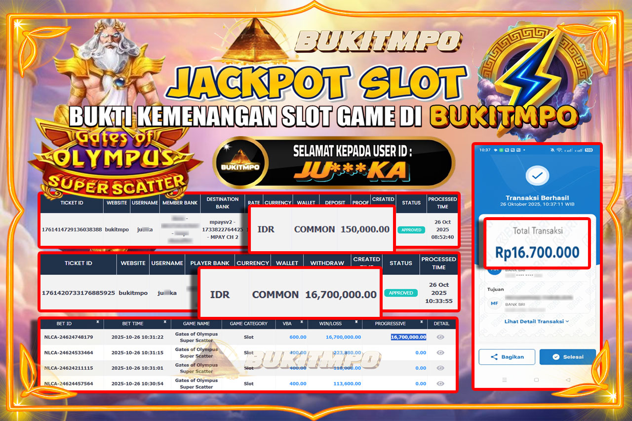 BUKITMPO JACKPOT GATES OF OLYMPUS SUPER SCATTER - PRAGMATIC PLAY  Rp.16.700.000,- LUNAS